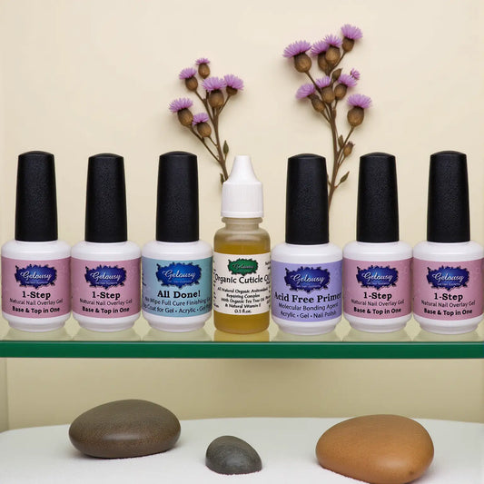 Set of Gelousy Gel Nail products on a shelf with decorative stones and flowers.