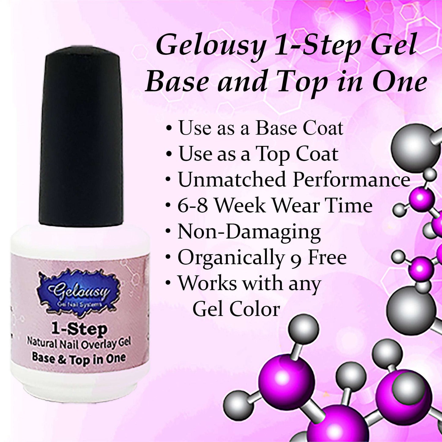 Gelousy 1-Step Gel .6oz bottle with product benefits including base and top coat use and long wear time
