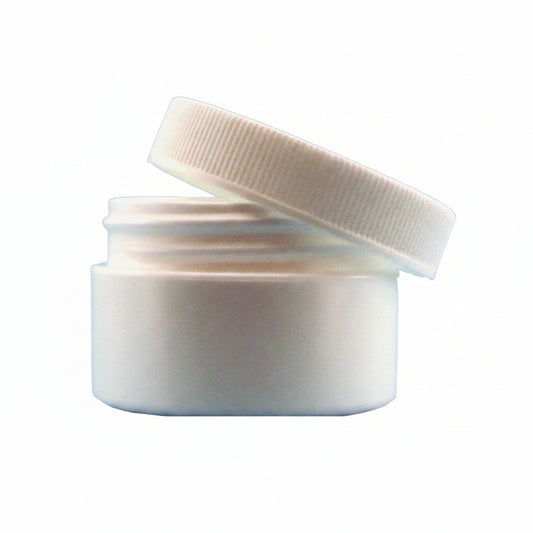 A .25oz empty white plastic jar with a lid