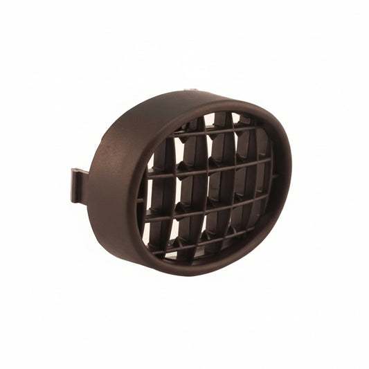 Oval black plastic front grill with horizontal and vertical slats and mounting tabs.