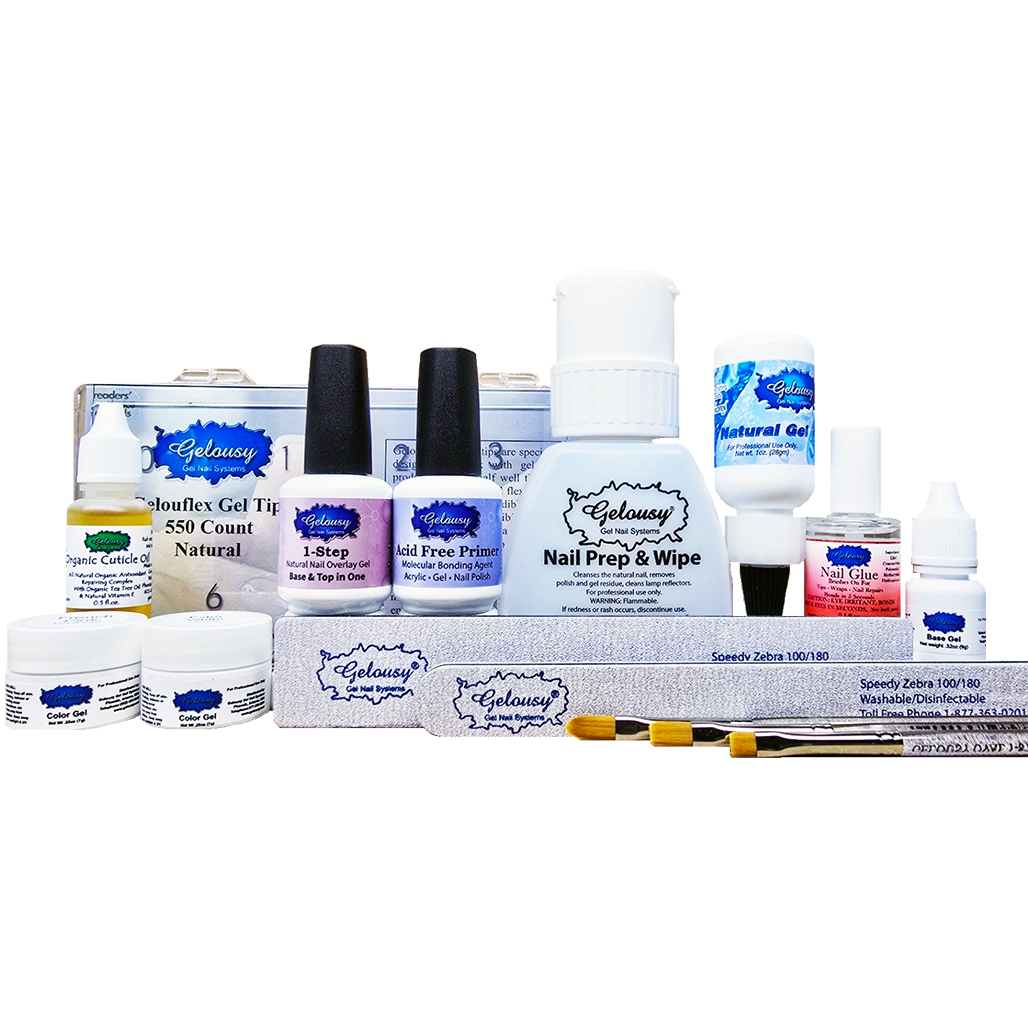 Gelousy Gel nail kit with hard gel, soft gel, nail files, nai prep, nail glue and gel polish colors